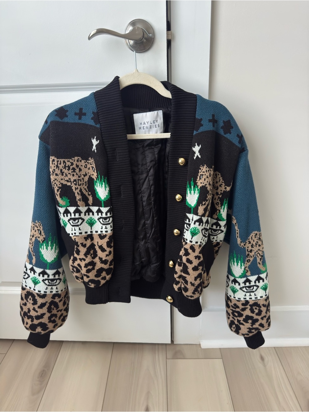 Hayley Menzies Teal & Black Patterned Knit Bomber Jacket
